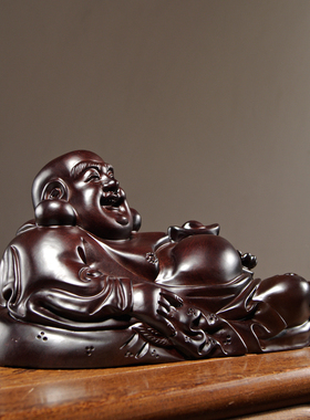 黑檀木雕弥勒佛像摆件实木卧式大肚坐笑佛家居客厅装饰红木工艺品