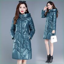 Free-wash bright face down jacket for womens winter clothing 2023 new medium long style white duck suede warm even hat cotton jacket jacket