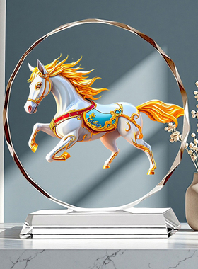 水晶玻璃白色马到成功圆形摆件