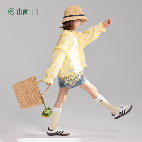 植木【油画感花边】爱心格纹衬衫女童长袖衬衫2026年春夏新款童装 - 图2