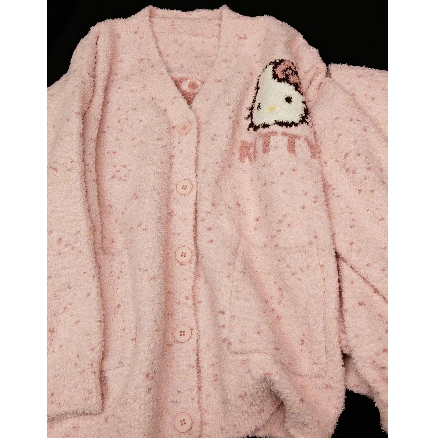 睡衣女半边绒可爱KT猫V领秋冬季2025新款甜美长袖口袋家居服套装 - 图3