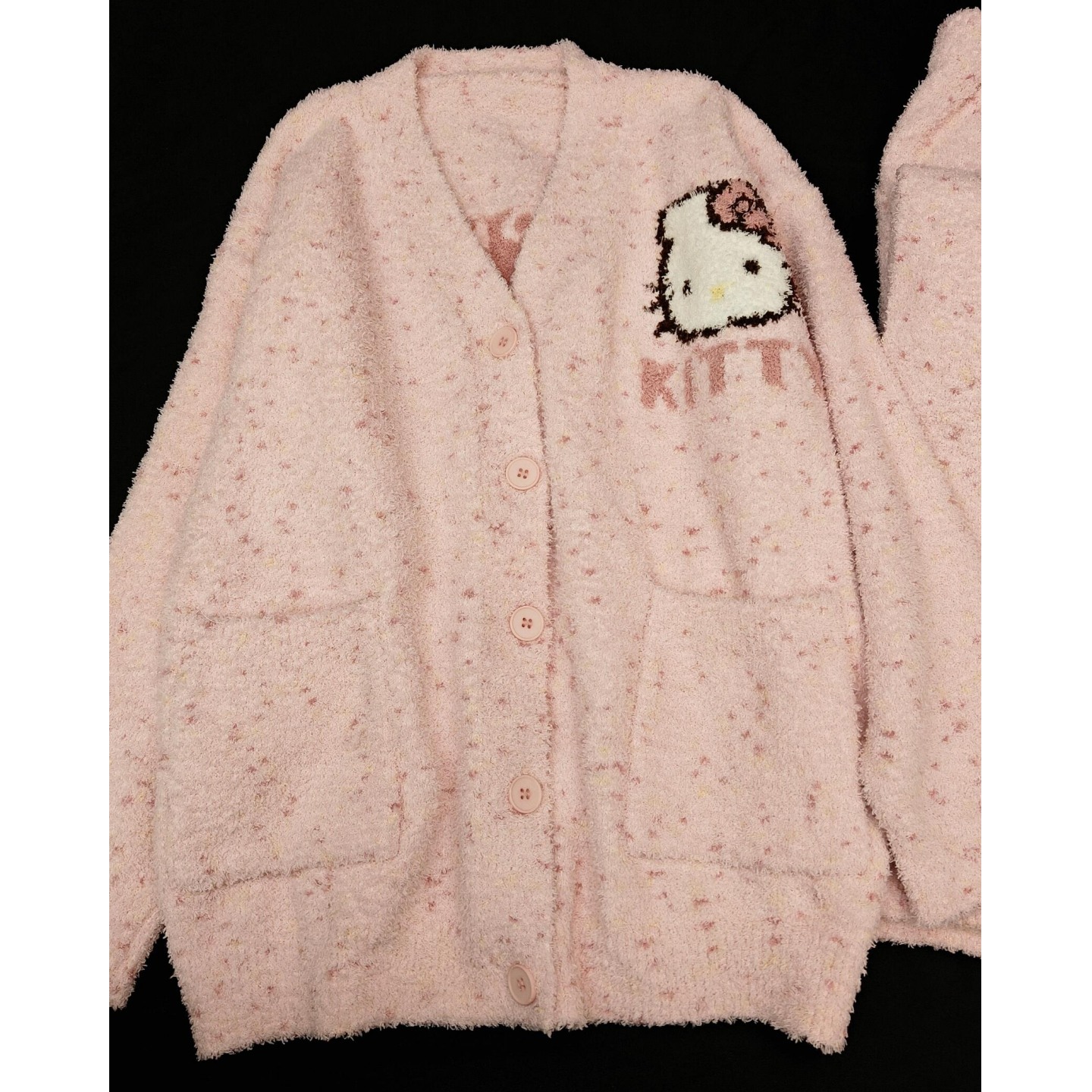 睡衣女半边绒可爱KT猫V领秋冬季2025新款甜美长袖口袋家居服套装 - 图1