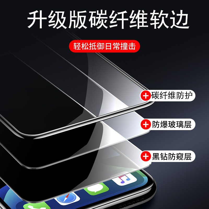 适用苹果13钢化膜防窥iPhone14Pro max软边防摔防爆玻璃12pro全屏XR全覆盖Xs陶瓷膜11手机贴膜11屏保气囊软膜