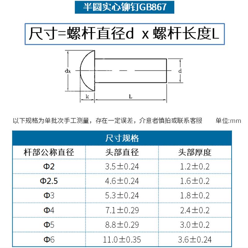 304不锈钢铆钉半圆头铆钉圆头实心敲击铆钉M2M2.5M3M4M5M6L - 图1