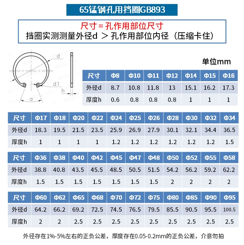 65锰钢孔用挡圈孔用卡簧轴承A型弹性内孔卡环簧GB893孔用挡圈