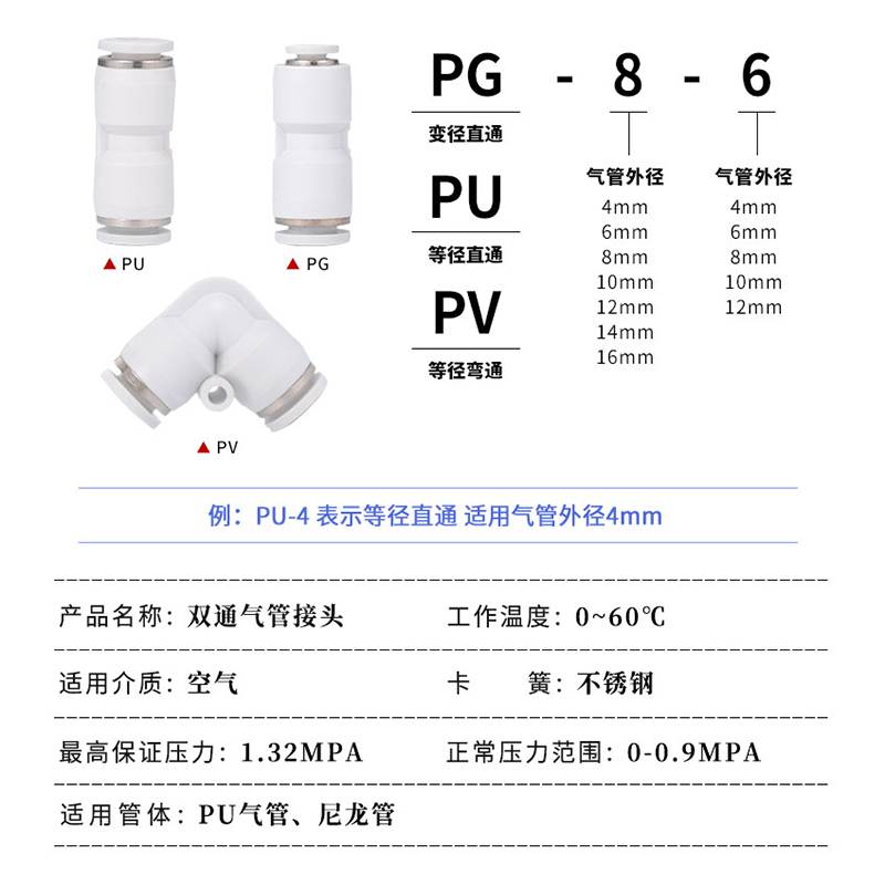 白色快速接头PU直通PG变径PV弯通气动气管快插接头 4/6/8/10mm - 图1