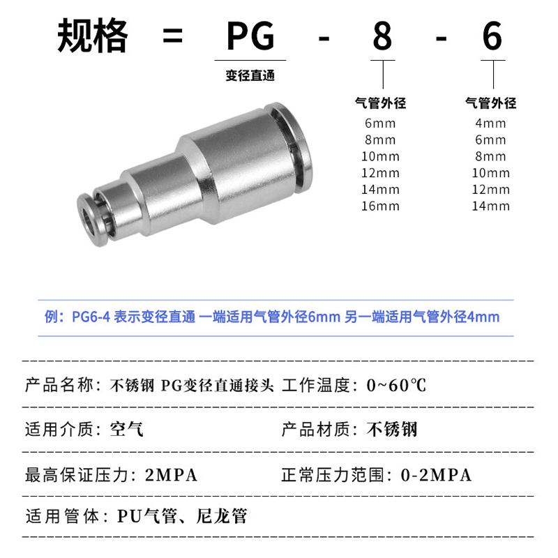 304不锈钢快插接头PG变径高压转换气管快速直通接头8-6/10-8/12-6 - 图1