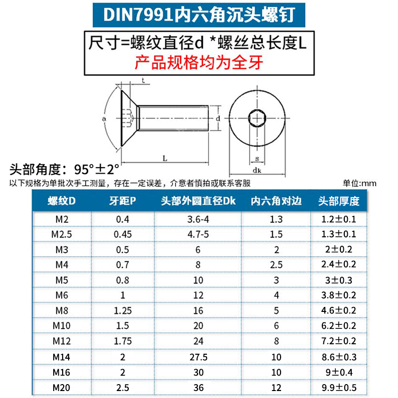 10.9级沉头内六角螺丝高强度平头螺钉平杯螺栓 M3M4M5M6M8M10M12