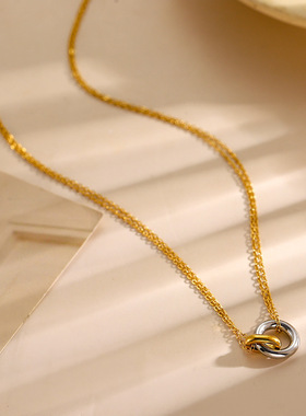 欧美法式钛钢双环拼色双圆圈18K镀金项链几何吊坠女士时尚锁骨链