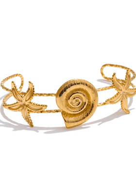 欧美太阳花贝壳旋涡螺纹开口手镯钛钢PVD电镀18K金复古设计首饰