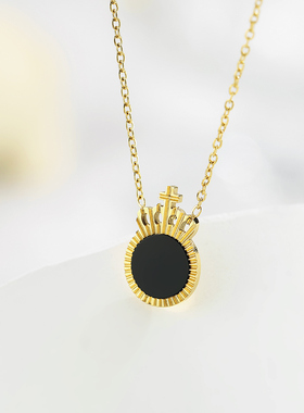 14k金钛钢十字架复古圆牌锁骨链