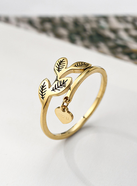 树叶钛钢橄榄枝镂空吊坠桃心戒指