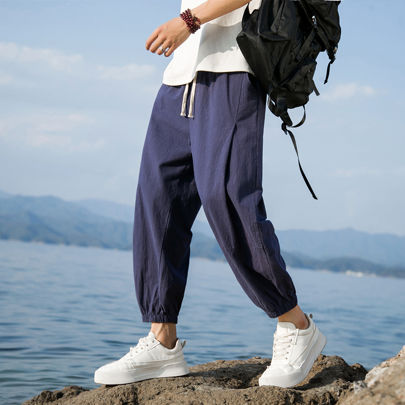 日系复古裤子男薄款亚棉麻八分裤潮牌痞帅大码束脚锥形哈伦萝卜裤