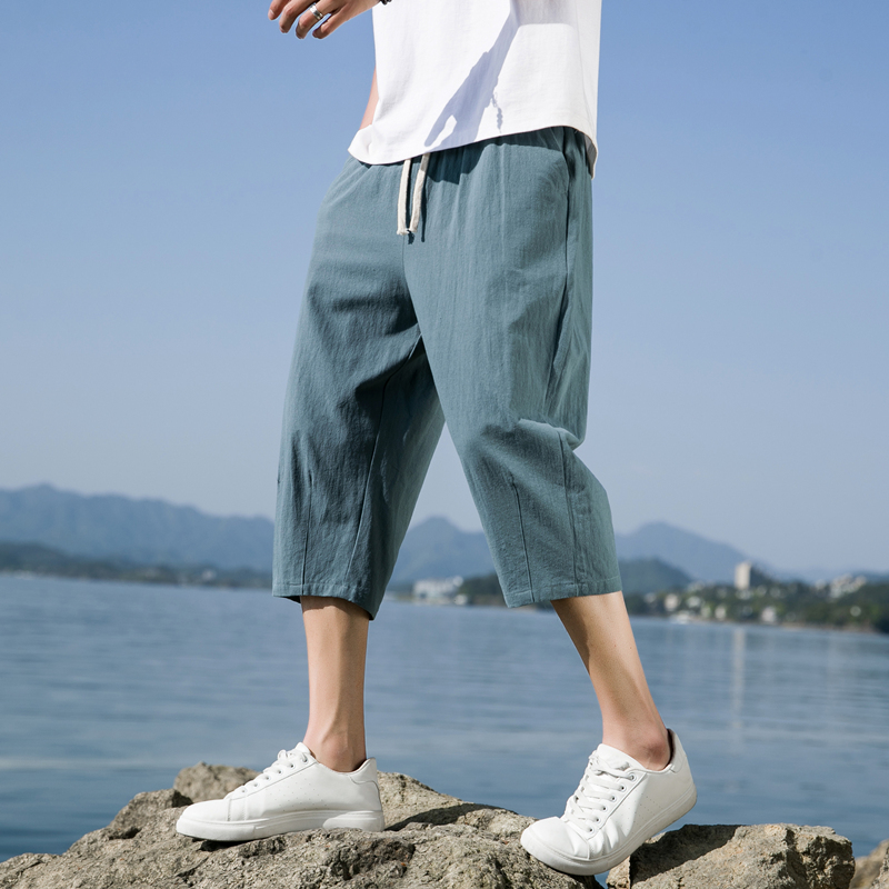 日系复古裤子男薄款亚棉麻八分裤潮牌痞帅大码束脚锥形哈伦萝卜裤