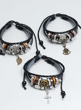 2025欧美潮人邦十字架手绳个性男女流行手工编织皮革手链学生手环