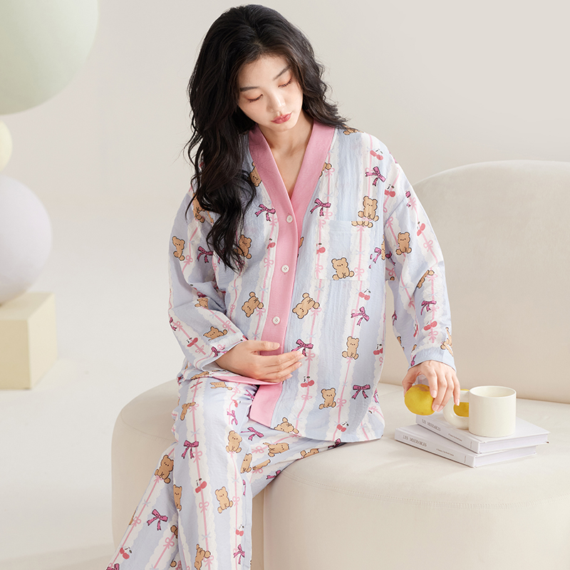 带胸垫月子服纯棉秋季产后产妇哺乳孕妇睡衣春秋10月份喂奶家居服