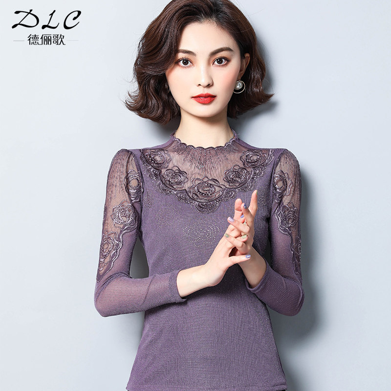 2022新款网纱春秋高领蕾丝打底衫 德俪歌蕾丝衫/雪纺衫