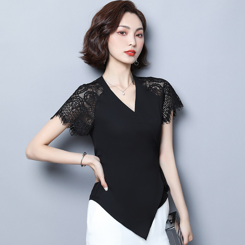 雪纺衫夏季短袖洋气不规则t恤衬衫 德俪歌蕾丝衫/雪纺衫