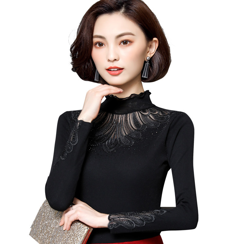 蕾丝秋冬百搭长袖加绒网纱黑色小衫 德俪歌蕾丝衫/雪纺衫