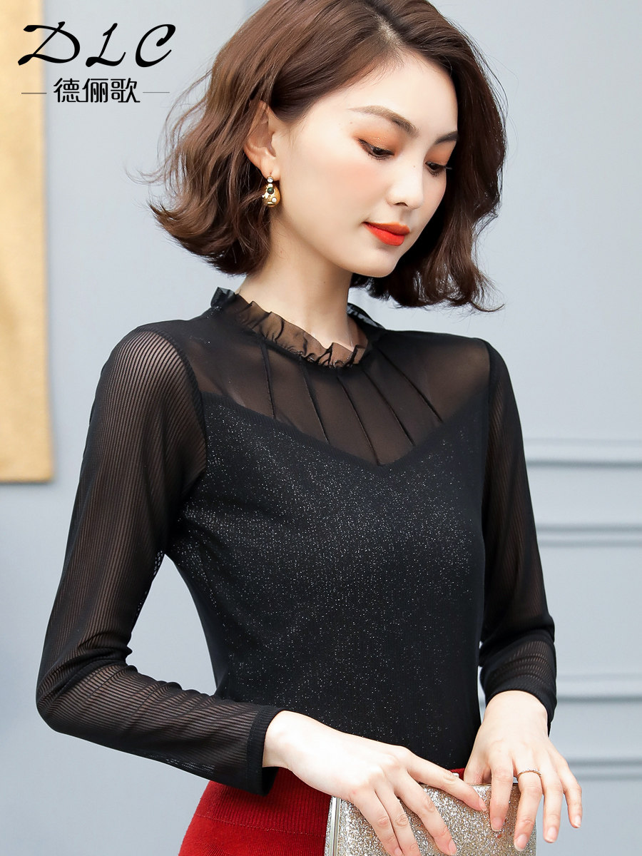 蕾丝秋冬2020新款黑色洋气打底衫 德俪歌蕾丝衫/雪纺衫