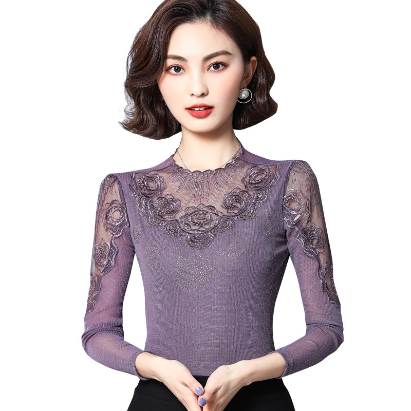 2022新款网纱春秋高领蕾丝打底衫 德俪歌蕾丝衫/雪纺衫