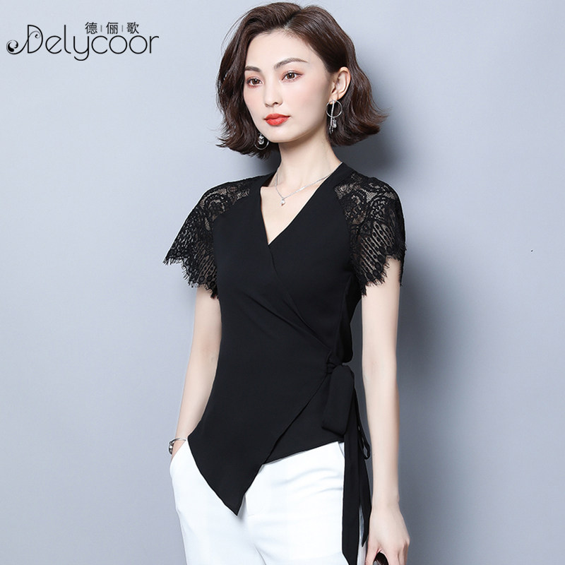 雪纺衫夏季短袖洋气不规则t恤衬衫 德俪歌蕾丝衫/雪纺衫