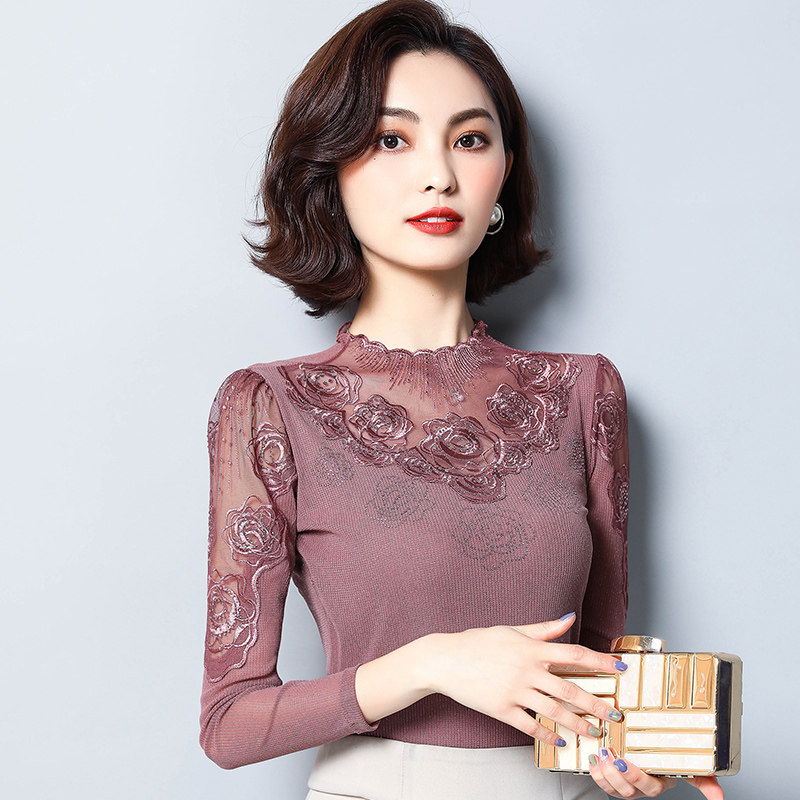 2020春秋新款蕾丝长袖百搭网纱内搭 德俪歌T恤