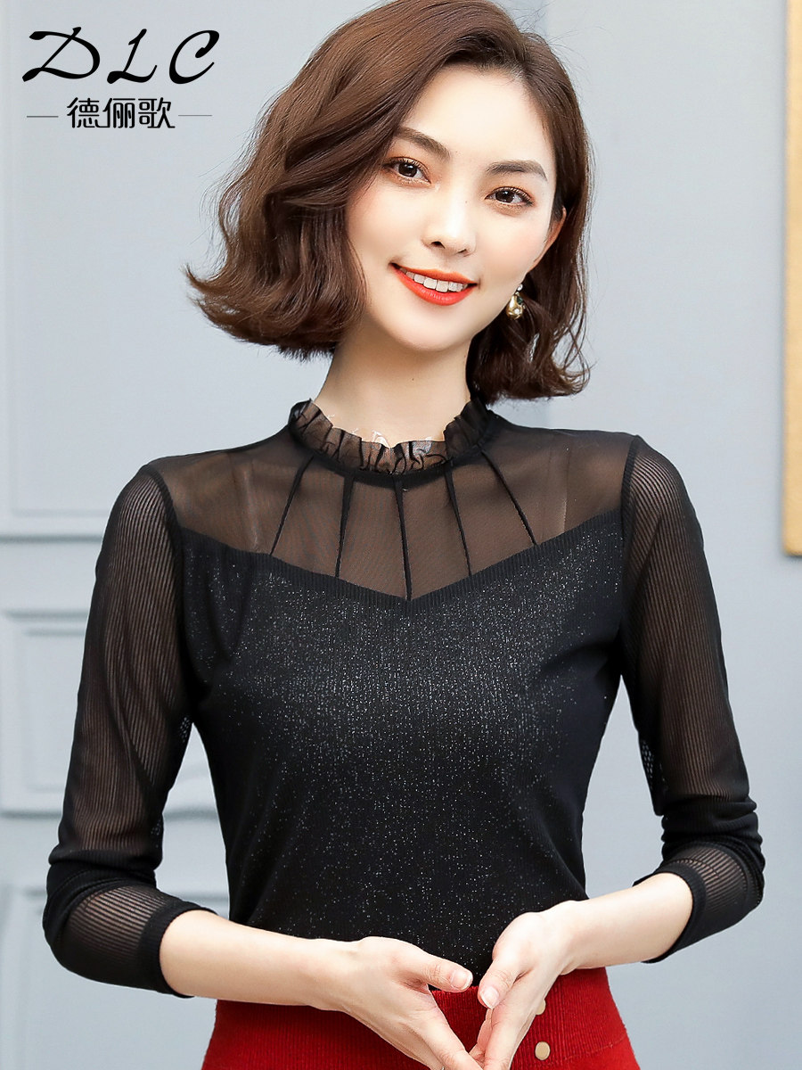 蕾丝秋冬2020新款黑色洋气打底衫 德俪歌蕾丝衫/雪纺衫