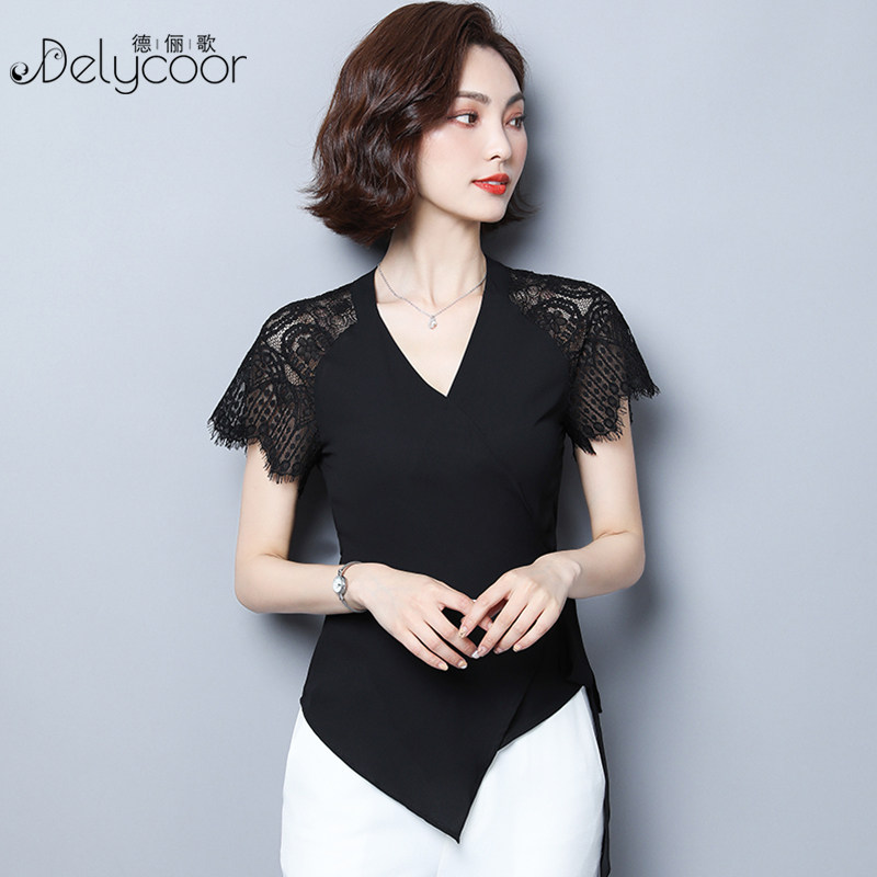 雪纺衫夏季短袖洋气不规则t恤衬衫 德俪歌蕾丝衫/雪纺衫