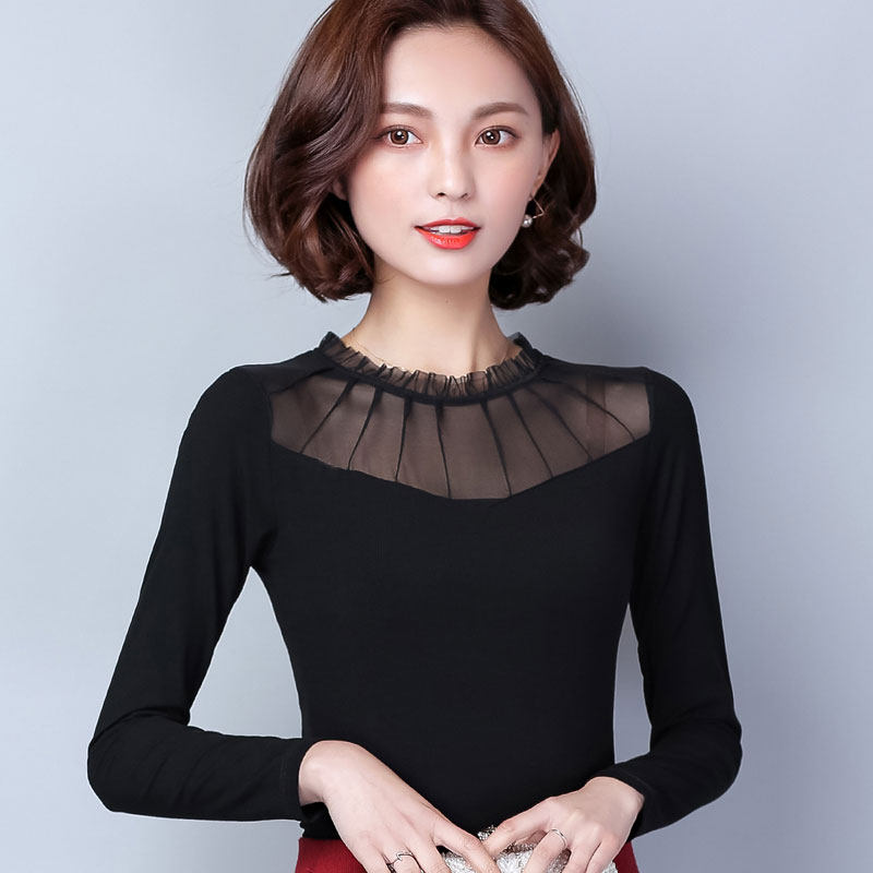 莫代尔半高领网纱蕾丝春秋百搭t恤 德俪歌T恤