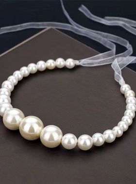 日韩赫本风新娘头饰超仙珍珠发带闪钻耳环套装结婚发饰婚纱造型