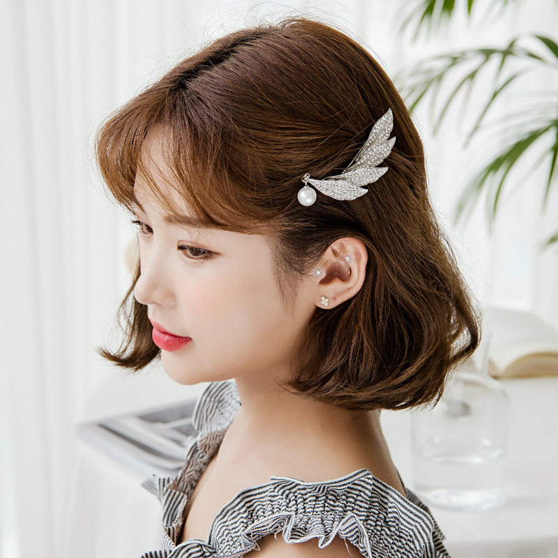 气质简约后脑勺半扎发夹头饰羽毛水钻弹簧夹刘海侧边发卡发量少女