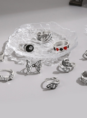 跨境扑克牌复古黑桃纸牌戒指个性蝴蝶孔雀动物戒指组合10件套批发