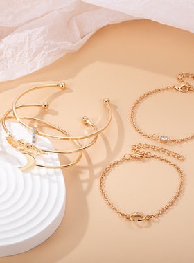 欧美新款个性手饰 时尚金色叶子月亮点钻开口5件套装手链手镯批发