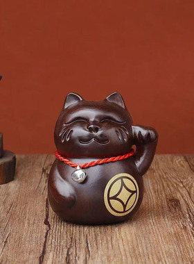 黑檀木雕招财对猫摆件实木质可爱猫咪开业店铺收银台家居发财小猫
