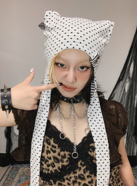原创设计独家定制朋克圆点猫耳朵纽扣子亲子包头护耳帽春夏秋薄款