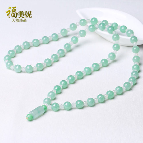 福美妮缅甸老坑冰糯种翡翠项链女款 阳绿冰白玉石圆珠链 a货珠串 - 图3