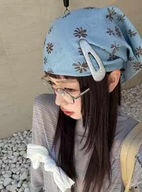 韩系蓝色花朵印花方巾春夏百搭