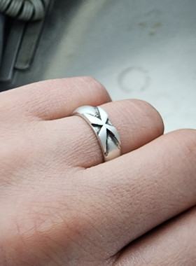 复古做旧X字母十字架男士银戒指