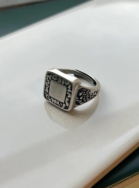 纯银戒指复古银色方形纹理指环厚