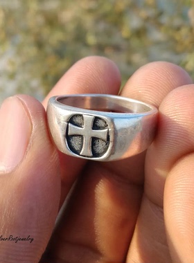 S925银十字架宽版复古情侣戒指