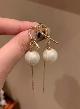 金属结绳珍珠流苏耳环女法式轻奢
