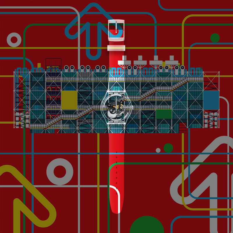 Swatch斯沃琪瑞士手表蓬皮杜艺术联名系列画布定制款情侣石英腕表