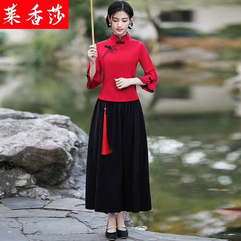 秋冬中国风年轻茶艺服复古唐装汉服 莱香莎上衣