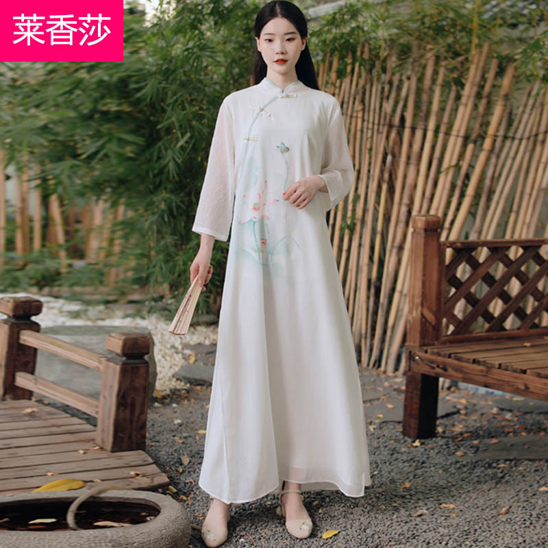 春秋中国风禅意茶服禅舞连衣裙禅服女中式唐装汉服改良旗袍女长裙