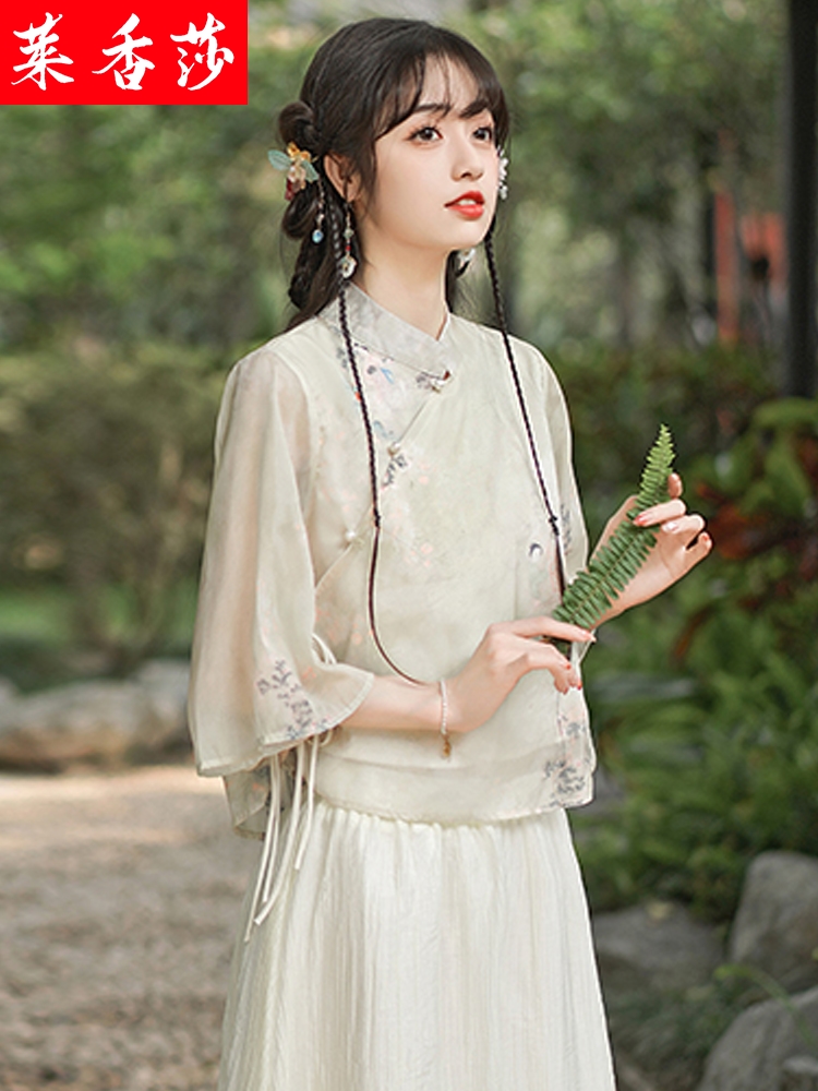 茶艺师服装中国风禅意女装夏季改良旗袍上衣中式茶服汉服唐装套装 - 图1