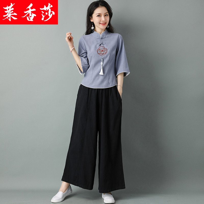 春夏季汉服女装中国风复古棉麻禅意茶服禅修服居士服中式唐装套装 - 图2