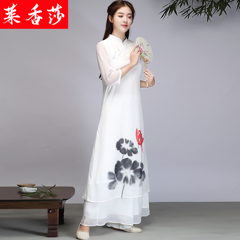 禅意茶服女夏仙气白色长裙中国风唐装女汉服改良旗袍连衣裙两件套 - 图3