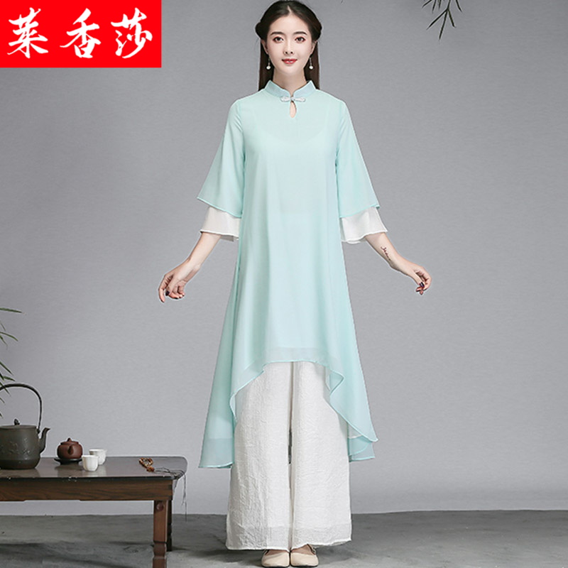 中国风仙气禅意女装茶服禅修服改良古风汉服连衣裙禅舞服装两件套 - 图1