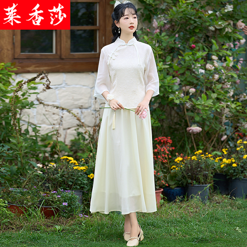 春夏汉服女中国风仙气禅意茶服复古唐装上衣民国风改良旗袍两件套 - 图0